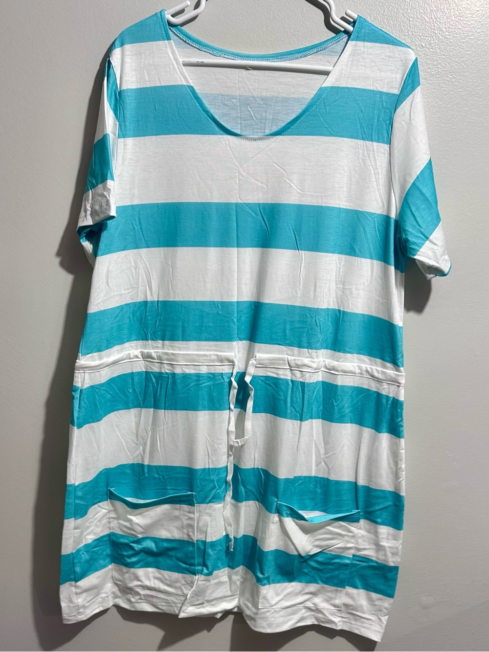Turquoise White Striped Mini Dress Drawstring Waist Size XL (1459)